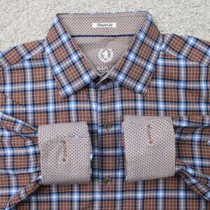 Bugatchi Uomo Shirt Men Large Brown/Blue Shaped Fit Flip Cuff Long Sleeve Cotton